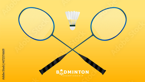 Badminton racket with white badminton shuttlecock logo on yellow background badminton court indoor, badminton sports wallpaper with copy space  ,  illustration Vector EPS 10