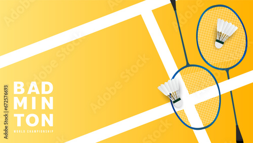 Badminton racket with white badminton shuttlecock on yellow background badminton court indoor, badminton sports wallpaper with copy space  ,  illustration Vector EPS 10