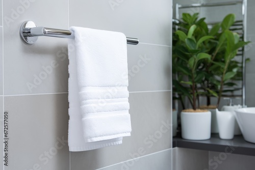 Towel neatly hanging on a modern chrome holder. Generative AI photo
