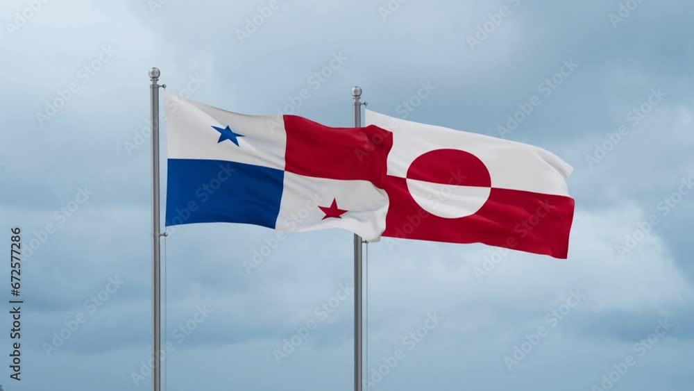 Greenland flag and Panama flag waving together on cloudy sky, endless seamless loop, two country relations concept Greenland flag and Panama flag waving together on cloudy sky, endless seamless loop, two country relations concept