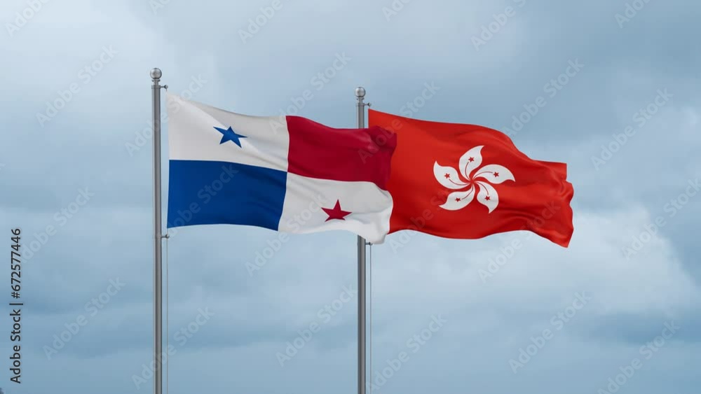 Hong Kong flag and Panama flag waving together on cloudy sky, endless seamless loop, two country relations concept Hong Kong flag and Panama flag waving together on cloudy sky, endless seamless loop, two country relations concept