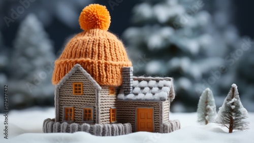 Miniature house with knitted hat as an energy-saving concept and for insulation and insulation concepts