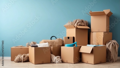 Cardboard boxes and cleaning things for moving into a new home