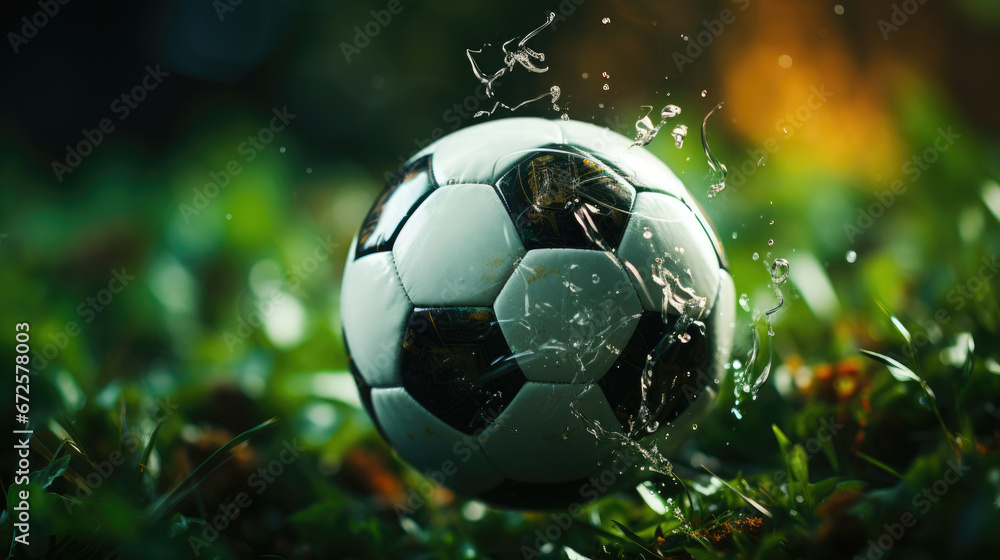 Naklejka premium Soccer Ball In Goal With Green Background, Background Image, Hd