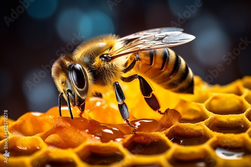 a bee on a honeycomb collects honey, sits on a honeycomb, close-up.Generative AI
