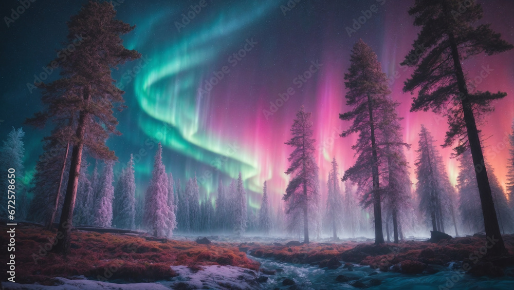 An otherworldly forest of towering, crystalline trees under a sky of vibrant, multicolored auroras. Alien fantasy.