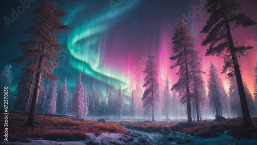 An otherworldly forest of towering  crystalline trees under a sky of vibrant  multicolored auroras. Alien fantasy.