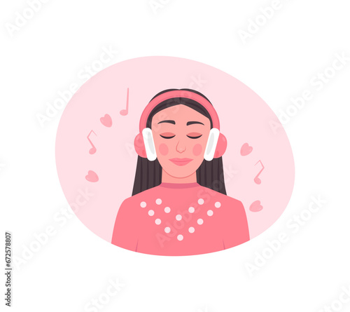 A girl wearing headphones listens to music.
Concept of musical pastime, love of music, listening to audio, podcasts, studying with headphones. Vector illustration, eps 10.