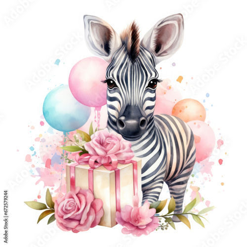 Zebra and birthday party Illustration, Generative Ai