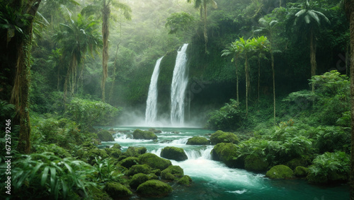 A lush  emerald-green rainforest with a cascading waterfall and vibrant  exotic flora. Tropical paradise.