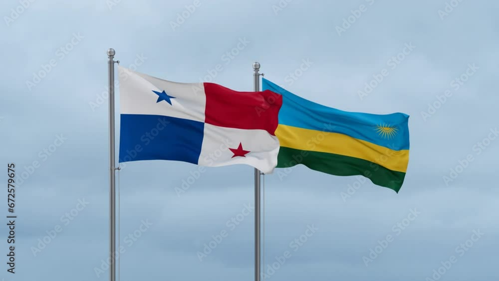 Republic of Rwanda and Panama flag waving together on cloudy sky, endless seamless loop, two country cooperation concept Republic of Rwanda and Panama flag waving together on cloudy sky, endless seamless loop, two country cooperation concept