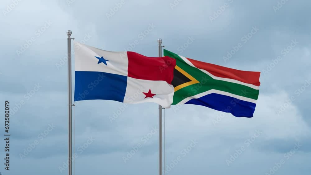 Republic of South Africa and Panama flag waving together on cloudy sky, endless seamless loop, two country cooperation concept Republic of South Africa and Panama flag waving together on cloudy sky, endless seamless loop, two country cooperation concept