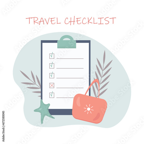 Checklist for travel and tourism. Vacation and weekend planning, with beach bag, starfish, and tropical leaves. Flat vector illustration eps 10.