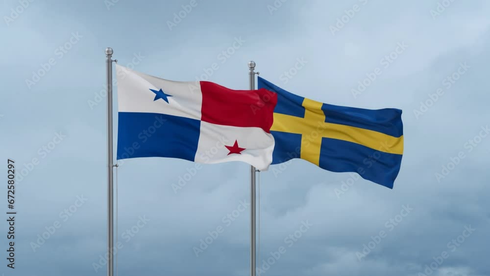 Sweden and Panama flag waving together on cloudy sky, endless seamless loop, two country cooperation concept Sweden and Panama flag waving together on cloudy sky, endless seamless loop, two country cooperation concept