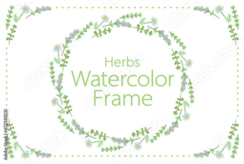 アロマに使われるハーブ・植物のイラスト・フレーム。水彩風ベクター素材