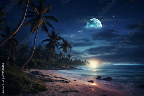Beautiful fantasy tropical beach with star in night skies, full moon.