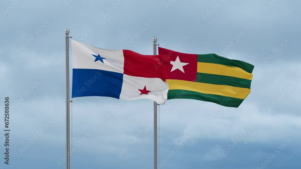 Togo, Togolese Republic and Panama flag waving together on cloudy sky, endless seamless loop, two country cooperation concept Togo, Togolese Republic and Panama flag waving together on cloudy sky, endless seamless loop, two country cooperation concept