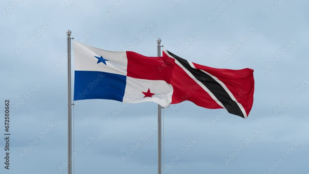 Trinidad and Tobago and Panama flag waving together on cloudy sky, endless seamless loop, two country cooperation concept Trinidad and Tobago and Panama flag waving together on cloudy sky, endless seamless loop, two country cooperation concept