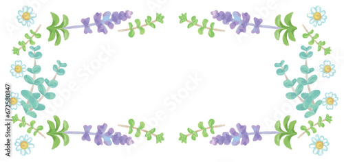 アロマに使われるハーブ・植物のイラスト・フレーム。水彩風ベクター素材