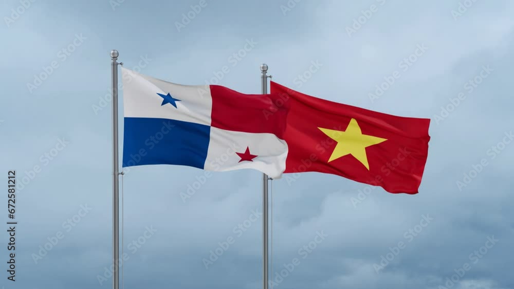 Vietnam and Panama flag waving together on cloudy sky, endless seamless loop Vietnam and Panama flag waving together on cloudy sky, endless seamless loop