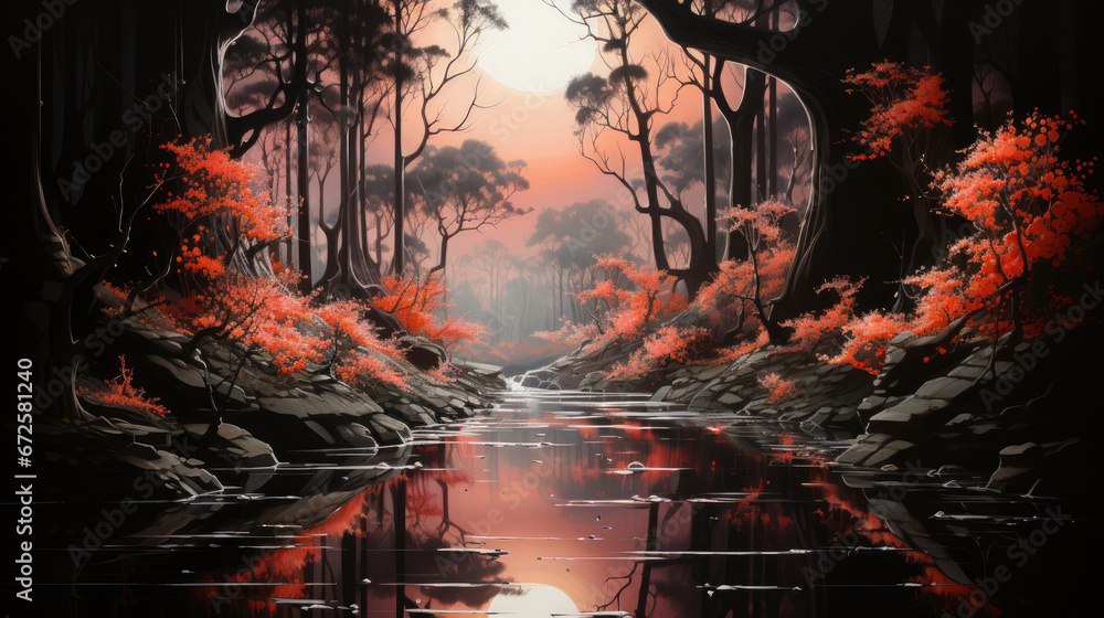 Fototapeta premium Trees Growing Water And A Few Foxes In The Style, Background Image, Hd