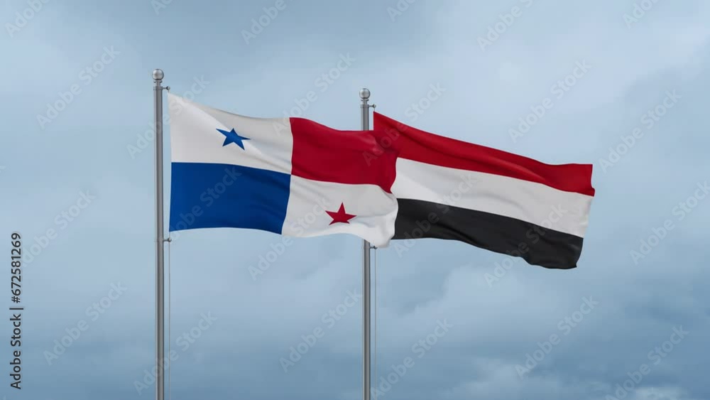 Yemen and Panama flag waving together on cloudy sky, endless seamless loop, two country cooperation concept Yemen and Panama flag waving together on cloudy sky, endless seamless loop, two country cooperation concept