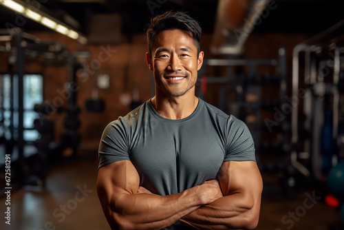 Muscular man posing in gym backdrop, generative ai