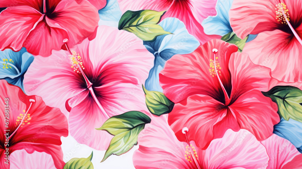 Tropical Hibiscus Flowers Watercolor Seamless Pattern, Background Image, Hd