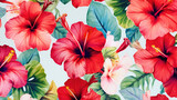 Tropical Hibiscus Flowers Watercolor Seamless Pattern, Background Image, Hd