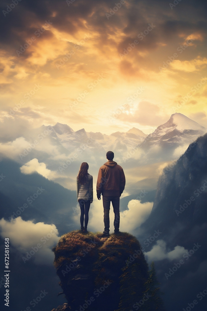 Person woman man travel couple adventure nature hiking together mountains journey love landscape