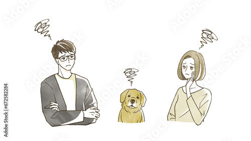 困っている男女と犬