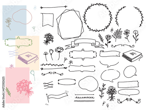 白黒、モノトーン、線画のイラスト(手書き、オシャレ、ファッション、花、フレーム、装飾) 
