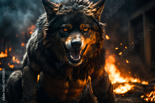 Mystical scandinavian beast wolf Fenrir. Fenrir start Ragnarok, North Mythology background, Generative AI