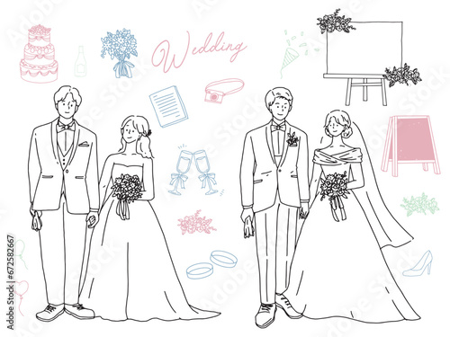 白黒、モノトーン、線画のイラスト(結婚式、カップル、夫婦、招待状、ウェルカムボード、指輪、新生活、幸せ) Illustrations of black and white, monotone, and line drawings.Weddings, couples, invitations, rings, happiness.