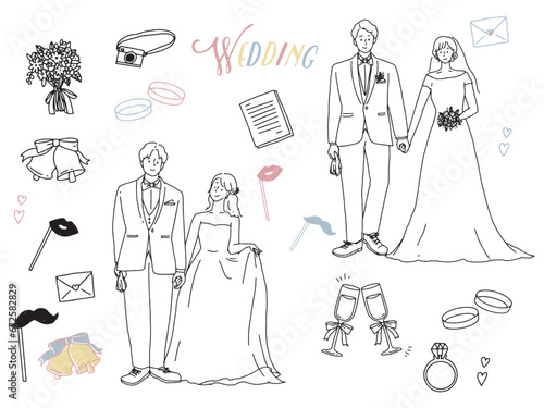 白黒、モノトーン、線画のイラスト(結婚式、カップル、夫婦、招待状、ウェルカムボード、指輪、新生活、幸せ) Illustrations of black and white, monotone, and line drawings.Weddings, couples, invitations, rings, happiness.