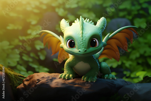 Super cute green little baby dragon with big eyes. Fantasy monster with smile. Small Funny Cartoon character. Fairytale animal. Green grass background. Illustration for children. Ai © Zakhariya