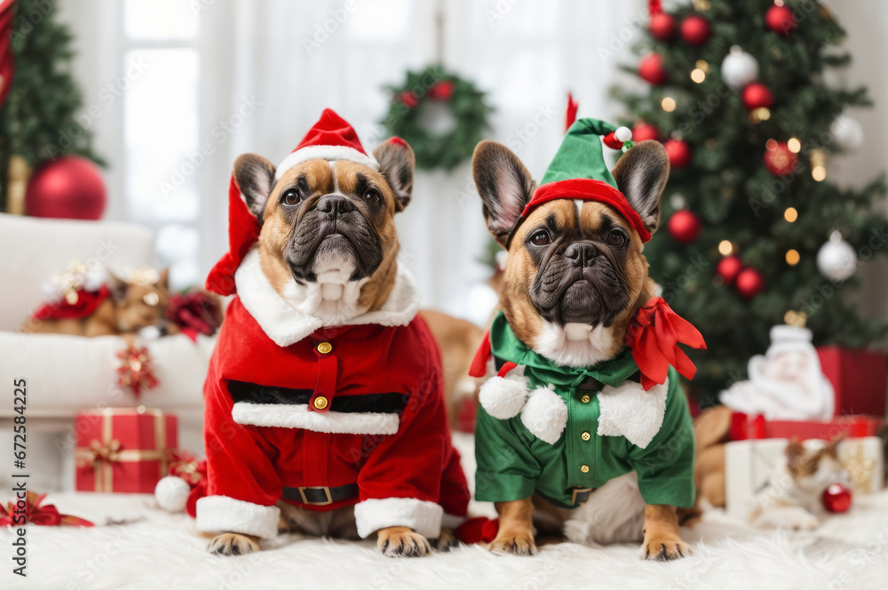 Dogs in Christmas costumes. Two French Bulldogs dresses up as funny Christmas tree and lots of red gift boxes
