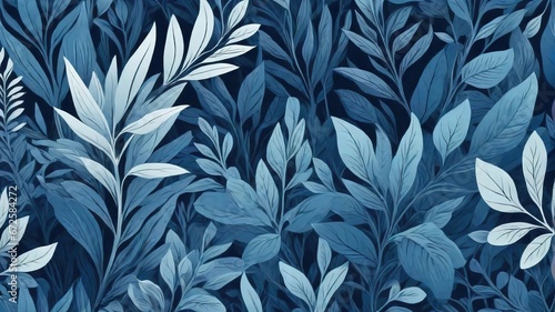 seamless floral pattern Generative AI Botanic or plant background in blue tone. Abstract plant pattern background