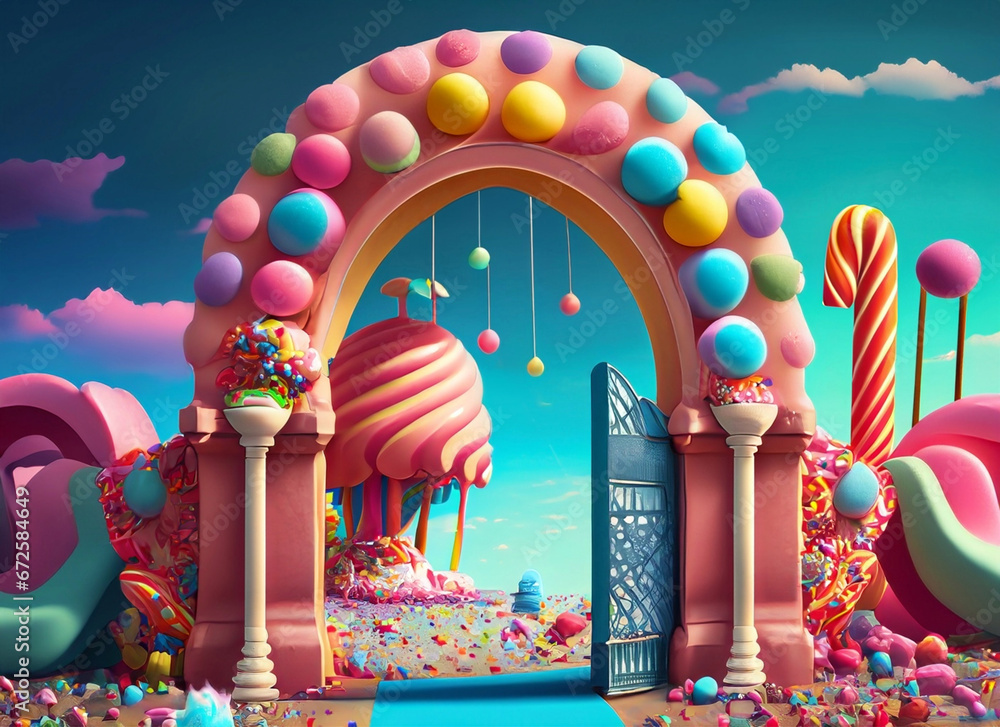 3D rendering of a beautiful arch with colorful lollipops and candies - obrazy, fototapety, plakaty 