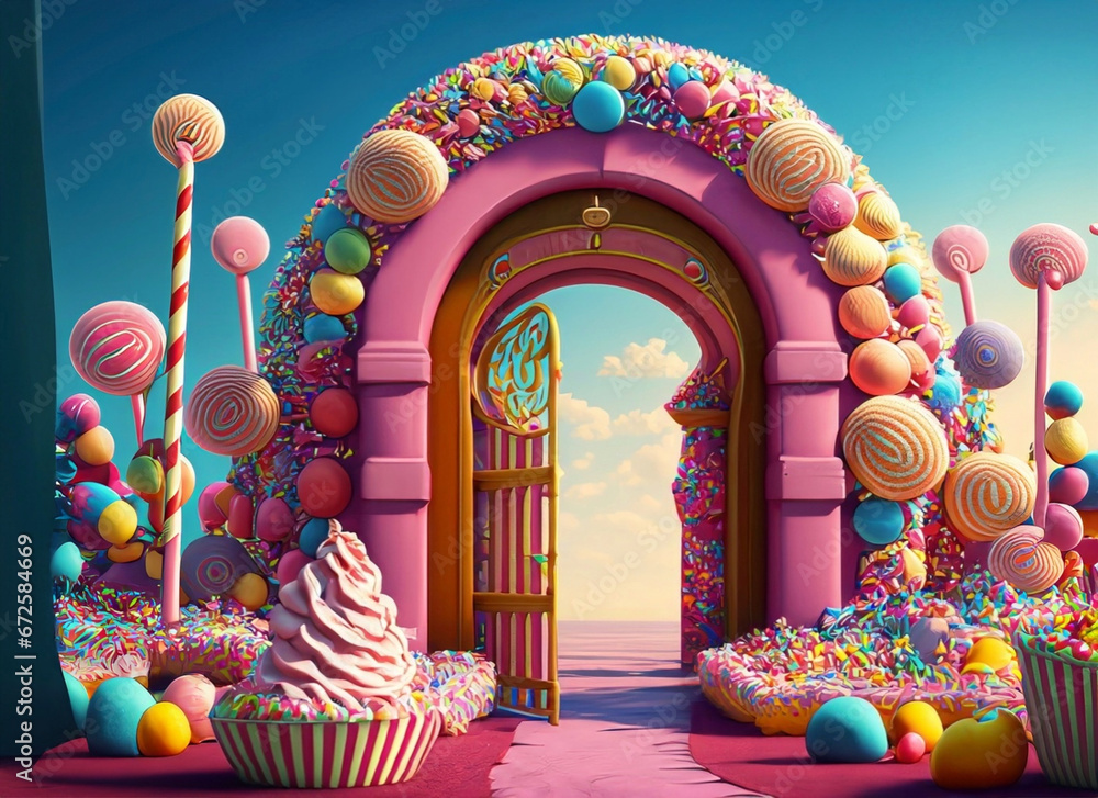 3D rendering of a beautiful arch with colorful lollipops and candies