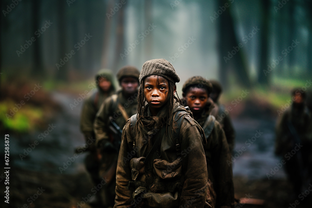 Child soldier, black african boy with dreadlocks in a group with other children, military army clothes and guns
