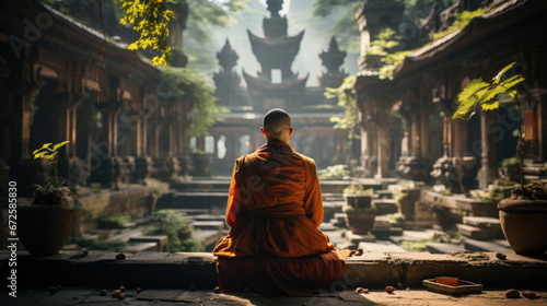 View From The Back Of A Monk Meditating In A Buddhist, Background Image, Hd