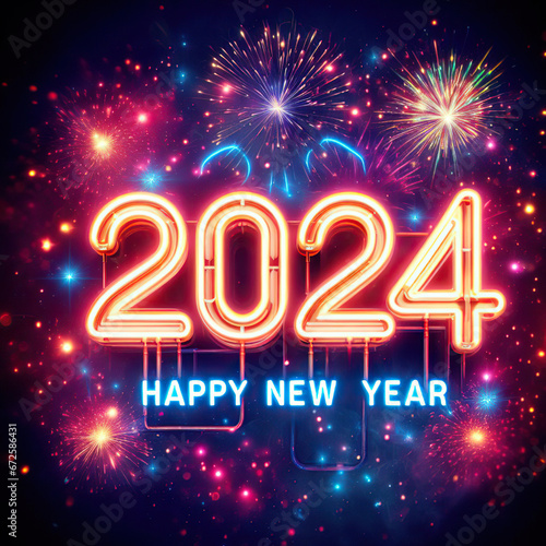 Happy new year 2024 neon text with fireworks.