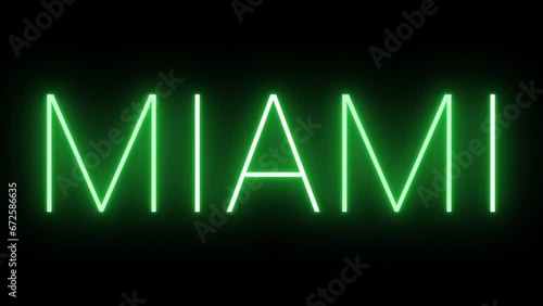 Flickering neon green glowing miami sign animated black background.