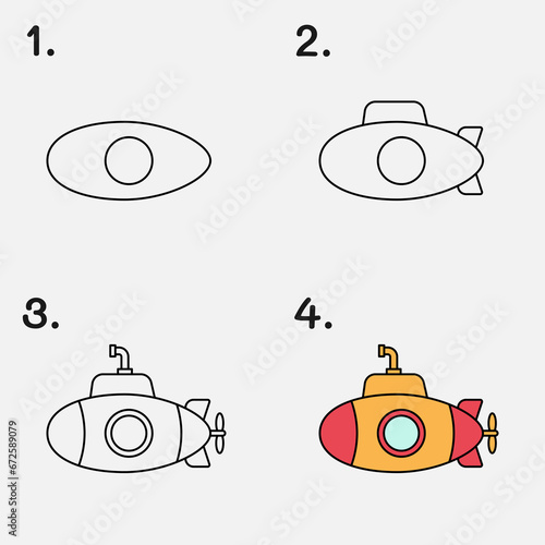 Easy step by step guide: drawing and coloring a submarine. photo