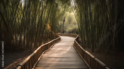 Step into the peaceful heart of a bamboo forest as you walk along a path crafted from bamboo. The sun's golden rays dapple the lush bamboo grove.