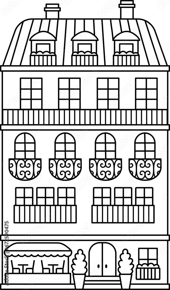 Vector block of flats line icon. Paris traditional house illustration or coloring page. Black and white historical French building picture with cafe isolated on white background.