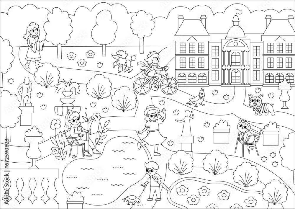 Vector black and white Luxembourg garden in Paris landscape line illustration or coloring page with people and animals. French capital city park scene with palace, benches, chairs.