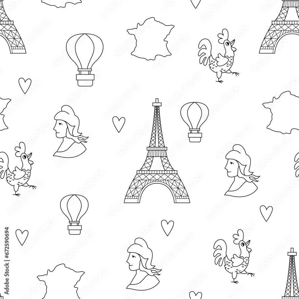 France symbols black and white vector seamless pattern. Repeating line background with Eiffel tower, Marianne, map, tricolor hot air balloon. Cute Paris digital paper or coloring page. France symbols black and white vector seamless pattern. Repeating line background with Eiffel tower, Marianne, map, tricolor hot air balloon. Cute Paris digital paper or coloring page.