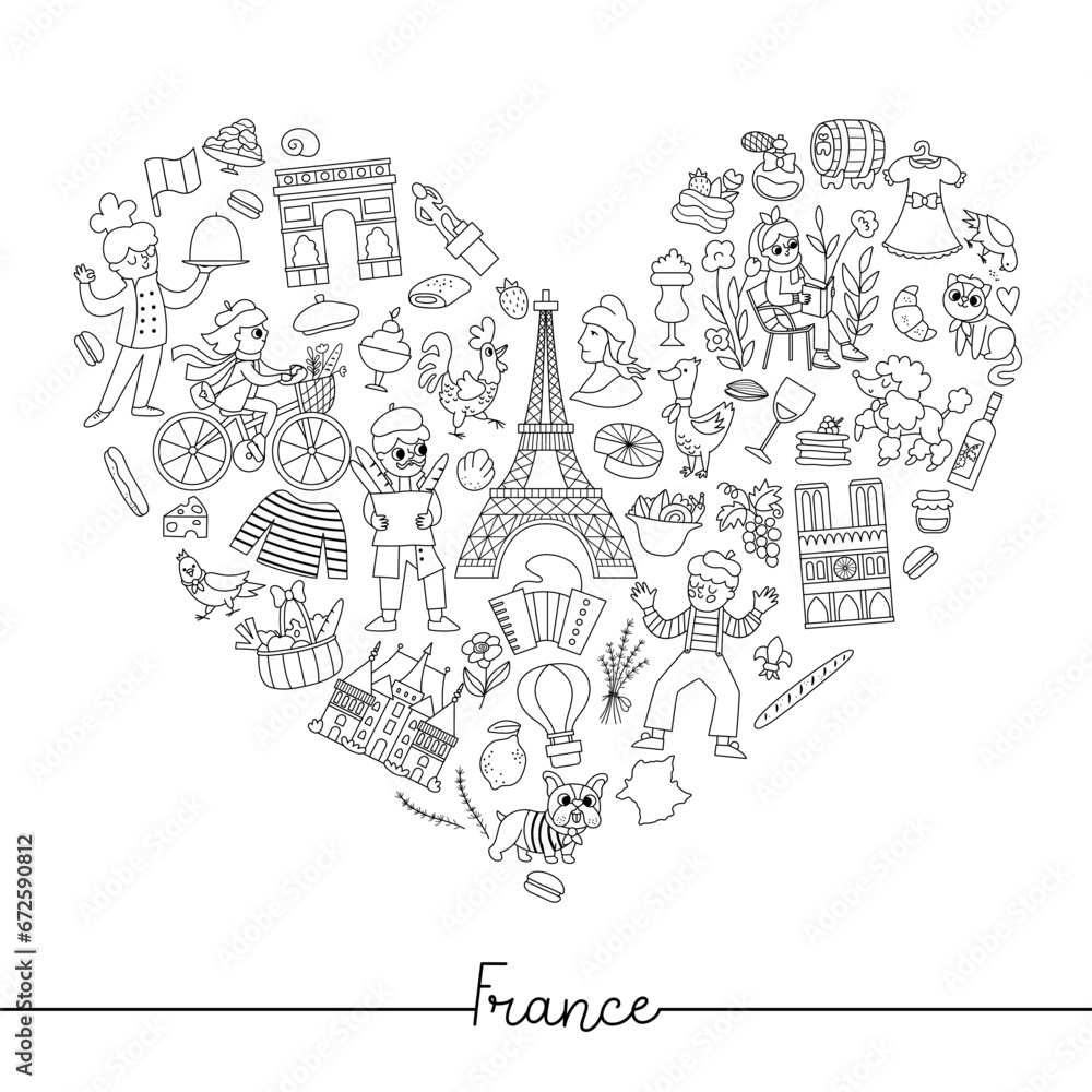 Vector black and white French heart shaped frame with people, animals, Eiffel tower, traditional symbols. Touristic France card template design. Cute line illustration or coloring page.